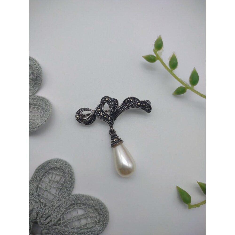 Vintage Marcasite Sterling Silver Faux Pearl Drop Brooch Pin, Victorian Style